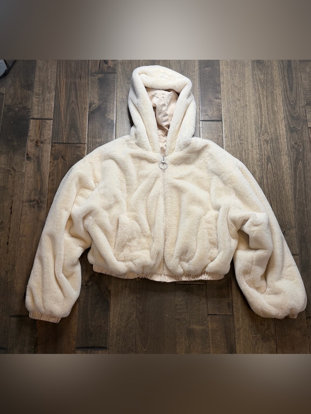 H&M Divided Reversible Teddy Fleece Hooded Jacket Cream Cropped Zip Women’s M - Picture 12 of 12
